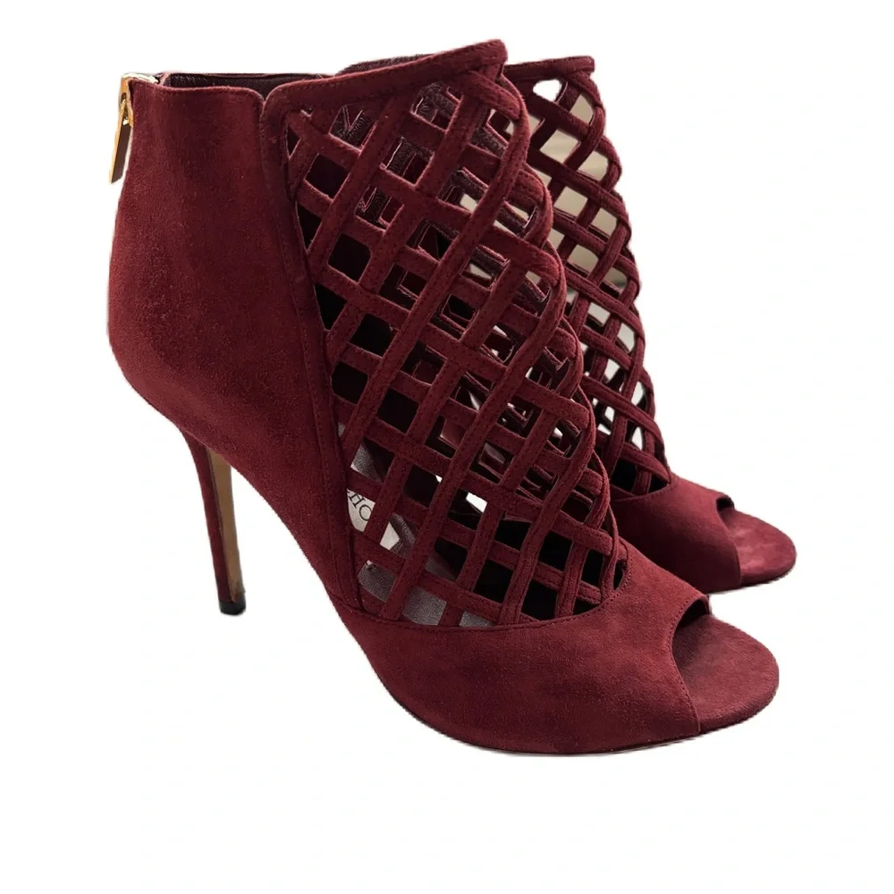 Jimmy Choo Claret Suede Drift Cutout Stiletto Heels Caged‎ Size 38.5 Size 38 1/2